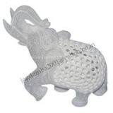 Rare Stone Inlay Saluting Elephant Solid White Marble Colorful Alabaster Art