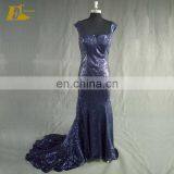 Navy Blue Sequin Fabric Mermaid Cap Sleeve Evening Dresses Long