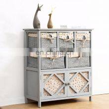 Grey Paulownia Solid Wood Sideboard Drawer Chest With Wicker Baskets thumbnail-1