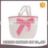 Women Pastoral Style White&Pink Fair Maiden Bow Woven Staw Bag Dating Picnic Handbag thumbnail-1