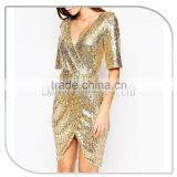 New Fashion Lady Plunge Neck Gold Sequin Midi Bodycon Evening Dress thumbnail-3