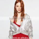 New Style Autumn Cheap Sliver Satin Plain Front Zipper Baseball Jackets thumbnail-4