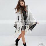 Open Front Pull-on Style Textured Knit Sweater Shawl Relaxed Fit Poncho With Tassel Trims