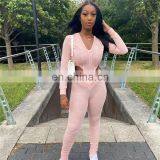 Long Sleeve Solid Cardigan Hooded Top Sexy Low Neck Bellybutton Tight Pants Stacked Suit Women Two Piece Set thumbnail-2