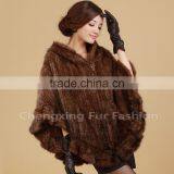 CX-B-M-06 Latest Womens Genuine Real Knitted Mink Fur Shawl Hoodied thumbnail-1