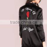 Black Rose Embroidered Bomber Jacket 100% Polyester Vintage Casual Back Silky Longline Winter Zipper Jacket thumbnail-4