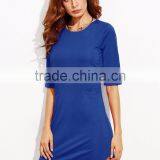 Royal Blue Elbow Sleeve Sheath Dress With Split Hem Polyester Spandex Half Sleeve Plain Casual Pockets Short Dress thumbnail-2