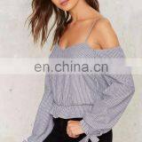 Women Casual Blouse Designs Cotton Striped off Shoulder Blouse thumbnail-3