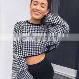 Wholesale Vendor Long Sleeve Crew Neck Plaid Print Loose Casual Fit Crop Top for Women thumbnail-3