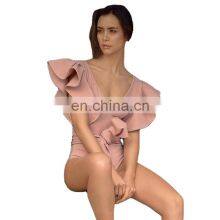 Vintage Retro One Piece Swimsuit 2021 Shoulder Ruffle Swimwear Women Belt Swimsuit Backless Bathing Suit Beachwear Monokini Swim thumbnail-1