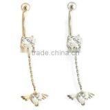 14K Gold Heart CZ With Wing And Heart Dangle Belly Ring thumbnail-1