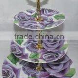 New flower design ceramic 3 layer cake stand plate with gold plated stainless steel handle