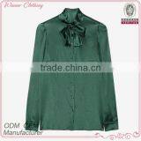 New High Quality Lady Simple Long Sleeve Green Satin Pussy Bow Blouse thumbnail-1