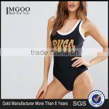 2017 MGOO One Piece Swimwear White Piping Scoop Neck Custom Gold Foil Print Swimsuit With RVCA Neoprene Logo thumbnail-1