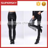 B429 Personality high waist tassel female pu faux leather pants tight black feet jeggings leggings