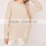 Custom Made Women Longline Oversized Knitwear Private Label Own Branding Sweater Distressed Off Shoulder Jumper Cream thumbnail-3
