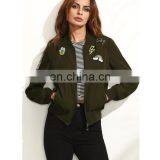 Fashion Army Green Applique Long Sleeve Biker Jacket Women thumbnail-3