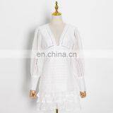 TWOTWINSTYLE Patchwork Ruffle Dress For Women V Neck Lantern Sleeve Hollow Out Elegant White Dresses thumbnail-2
