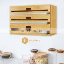 3 in 1 Bamboo Wall Mount Dispenser Wood Wrap Dispenser Kitchen Storage Drawers Organizer for Foil and Plastic Wrap With Cutter thumbnail-3