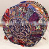 Blue Vintage Sari Fabric Round Ottoman Cover Bohemian Footstool Gypsy Antique Pouffe Cushion thumbnail-5