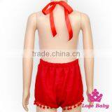 Summer Childrens Designer Plain Red Halter Sleeveless Backless Soft Cotton Baby Girl Playsuit Blank Romper thumbnail-1