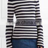 Among Best Selling Bell Sleeved Navy Blue and White Striped Women Spring Sweater thumbnail-2