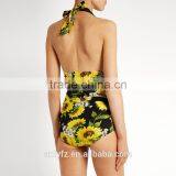 Sexy Women's Deep V-neck Ruched Sides Sunflower-print Self-tie Halterneck Swimsuit thumbnail-3