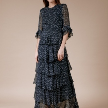 Ladies' 100%silk Chiffon Short Sleeve Ruffler Edge Print Dress thumbnail-4