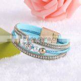 Fashion Bohemian Handmade Rhinestone Wide Magnetic Leather Bracelets Wristband