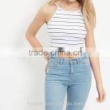 2016 Ladies Sexy White Ribbed Stripe Crop Top HST8040 thumbnail-1