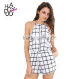HAODUOYI Women White Plaid Print Lace Up Romper thumbnail-1