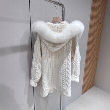 Snow Rabbit Spirit Fox Fur Collar Detachable Fur Coat Knitted Cardigan Fried Dough Twists Medium Long Hooded Korean Version Thickened thumbnail-2
