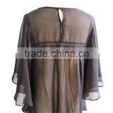 Sexy Chiffon Fluffy Bat Sleeve With Floral Embroidery Design Ladies Blouse Top thumbnail-2