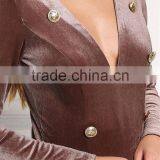 MGOO Fashion Custom Made Long Sleeves Bodysuits Velvet Breasted Tops V Neck Cocoa Polyester Spandex Blouses thumbnail-4