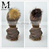 Wholesale Knitted Scarf Women Raccoon Fur Ball Winter Hat All in One Hat and Scarf thumbnail-5