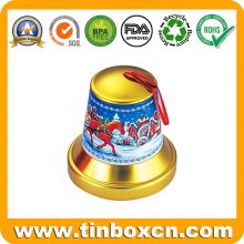 Promotional Round Xmas Christmas Tin Bell With Ribbon and Metallic Effect
