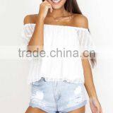 Summer Women Casual Tops Latest Saree Blouse Designs off Shoulder Ruffle Top thumbnail-1