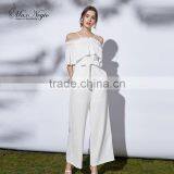 Oem Service 2016 Wholesale Women White and Black Off Shoulder Belted Wide Leg Jumpsuits