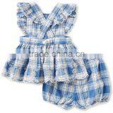 2017 New Fashion Wholesale Gingham Children's Boutique Clothing Baby Seersucker Bubble Clothes Set thumbnail-2
