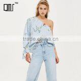 Tie Cuff Modern Lady's One Shoulder Stripe and Floral Poplin Blouse thumbnail-1