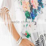 Women's Sheer Print Chiffon Tassels Poncho Tops thumbnail-2