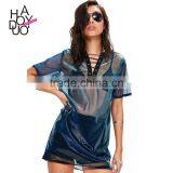 HAODUOYI Fashion Semi-sheer Women T-shirt Weave Lace-up V-neck Short Sleeve Long Length Clothing Sexy Loose Tops for Wholesale thumbnail-1