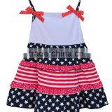 New Style 4th of July Baby Cotton Girls Dress Blue Star Red & White Stripe One Piece Dress