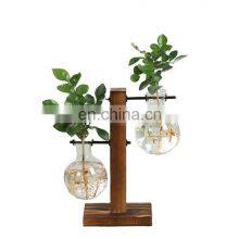 Home Decoration Tube Clear Glass Planter Glass Vase With Wood Stand