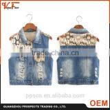 2016 New Fashion Design Jean Jacket Sleeveless Blue Crystal Beaded Women Half Jacket Wholesale
