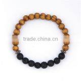 Stone Lava Wood Beaded Healing Bracelet Antique Silver Gear Black & Brown Elastic 23.5cm Long thumbnail-1