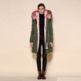 Light Pink Mongolian Fur Collar and Faux Fur Lining Winter Fur Jacket Parka