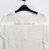 OEM Softextile White Top Shirt Girl Woman Short Sleeves Emibroidery Flower Fashion Plain Shirt thumbnail-6