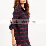 Navy Plaid Roll Tab Sleeve Half Placket Shirt Dress 100% Cotton Pocket Curved Hem Button Casual Short Dress thumbnail-3