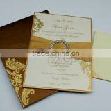 Gold Silk Wedding Invitation With Rhinestone Brooch and Ribbon ON SALE thumbnail-3